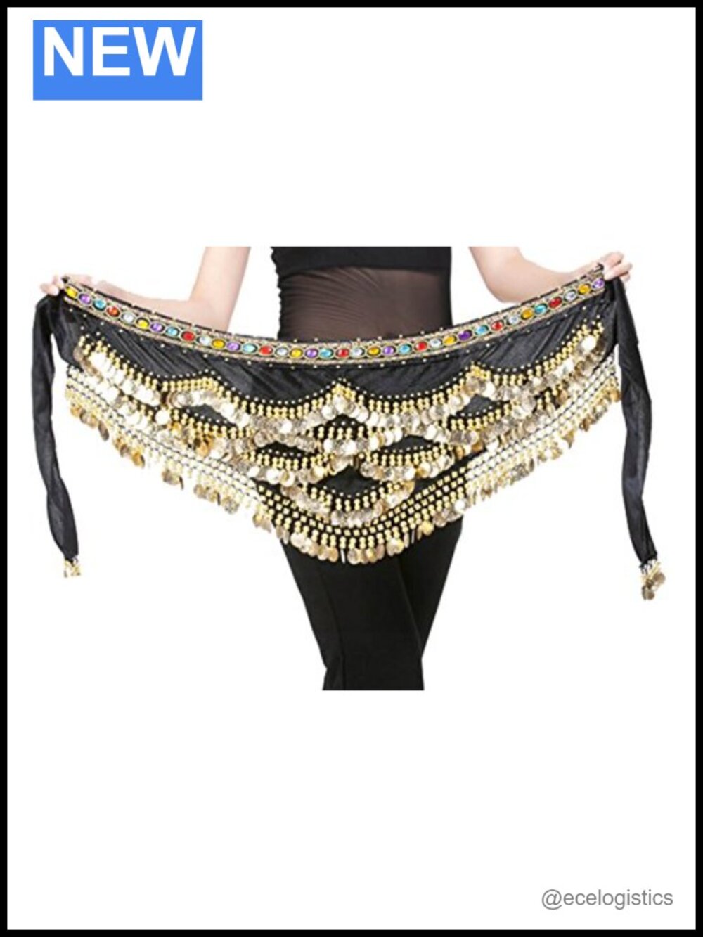 Belly Dance Hip Scarf with Gold Coins, Wrap Belt, Midi Length, 61 inch,